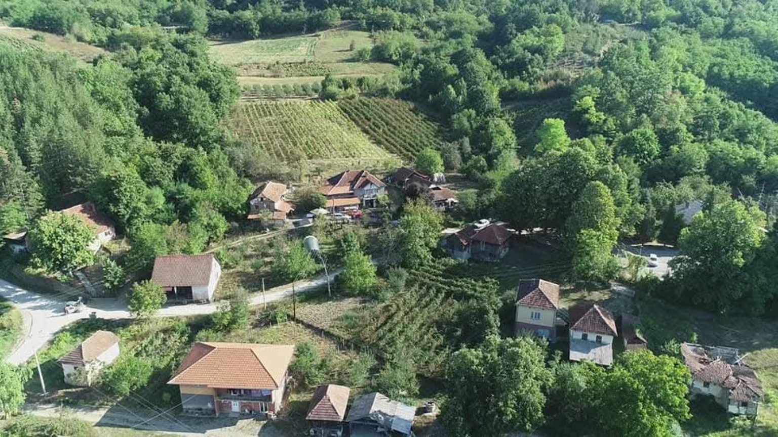 Pogled iz vazduha na kuće, voćnjake i zelenilo Donjih Vratara